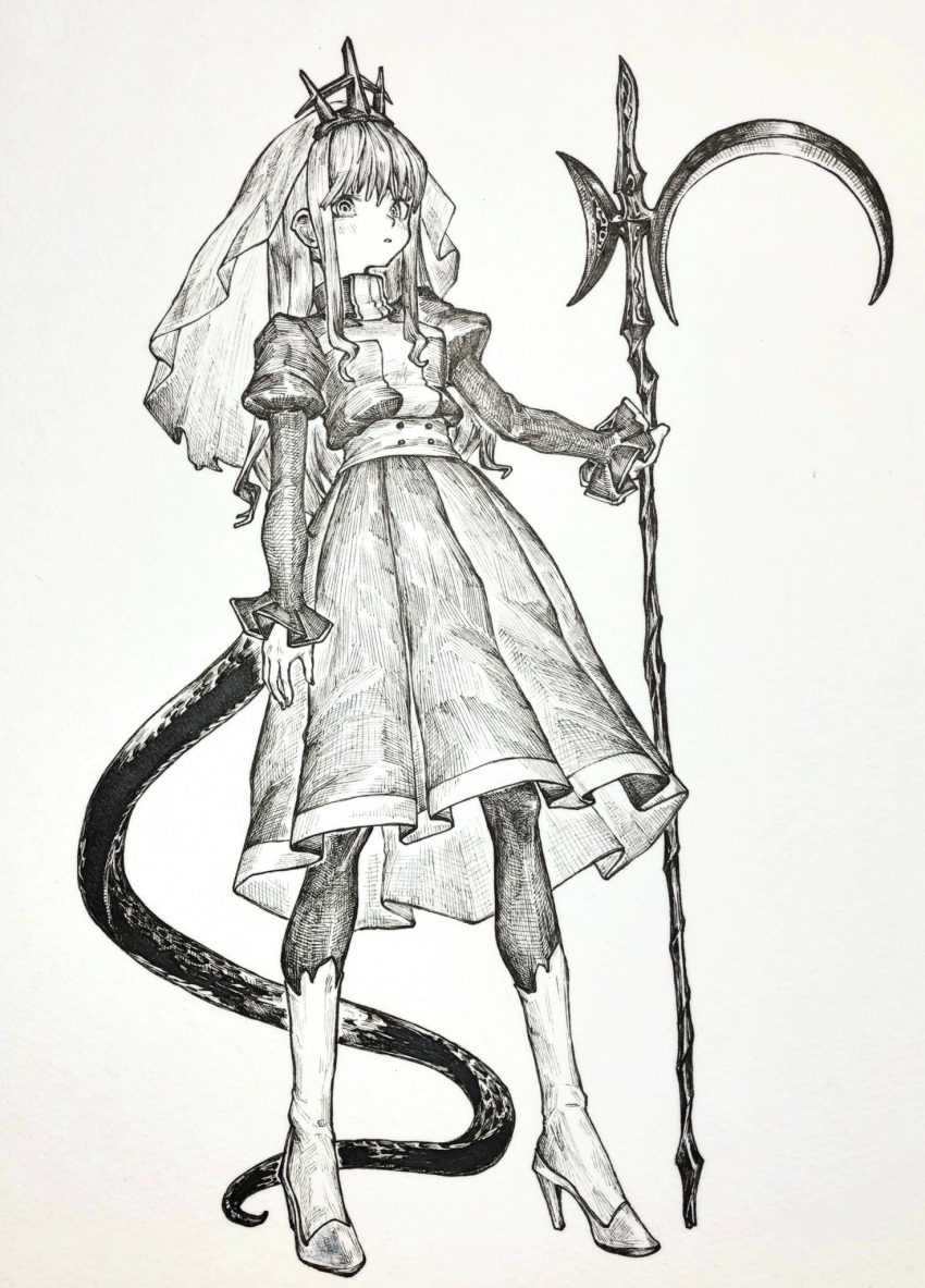 1girl cross crosshatching crown dress hatching_(texture) high_heels highres holding holding_weapon looking_at_viewer mashimashi original solo tail weapon
