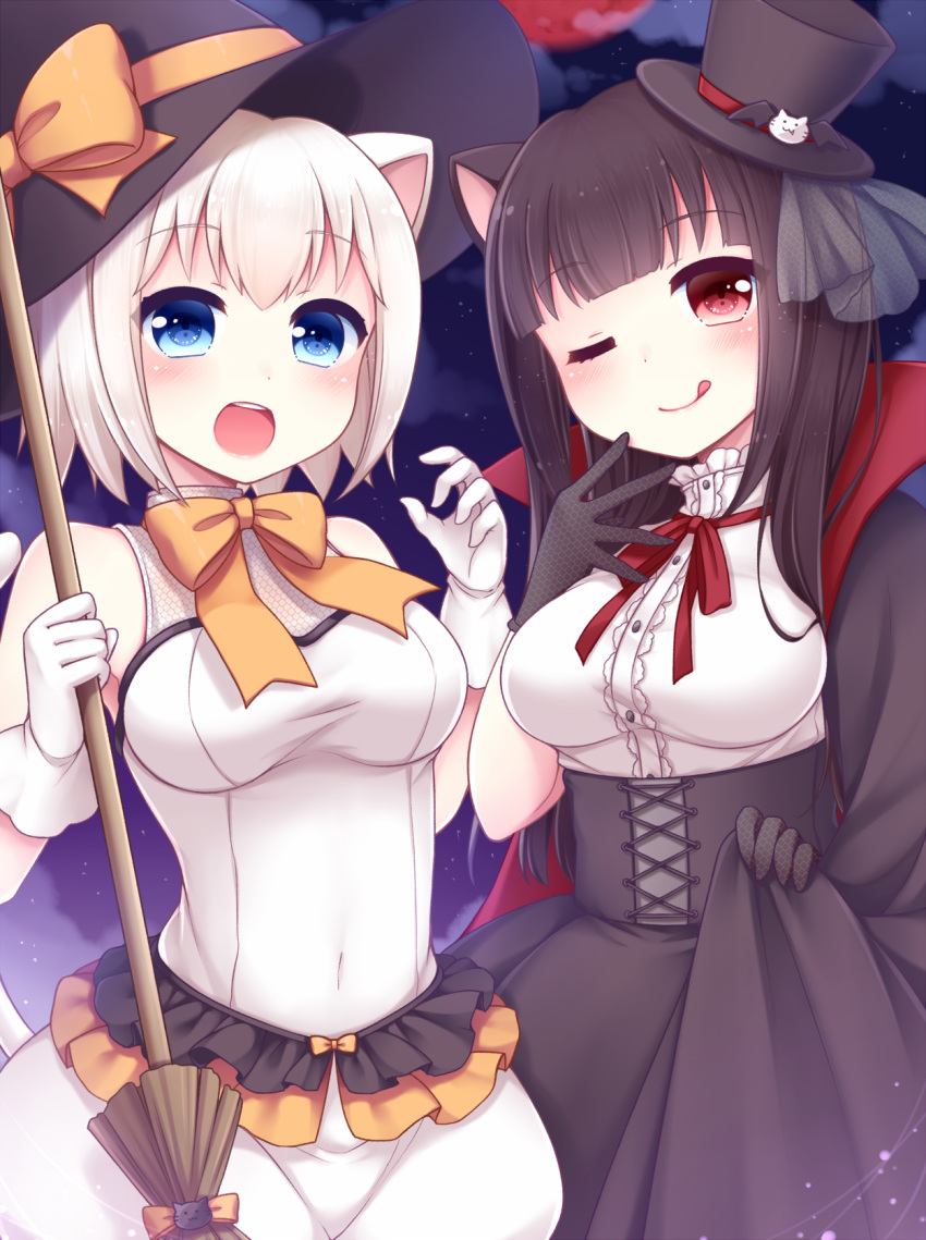 2girls :d ;q animal_ears black_gloves blue_eyes blush breasts broom brown_hair cat_ears cat_tail character_request chunithm covered_navel eyebrows_visible_through_hair gloves halloween hat head_tilt high-waist_skirt highres holding holding_broom looking_at_viewer maimai_(game) medium_breasts mini_hat mini_top_hat moon multiple_girls neck_ribbon night one_eye_closed open_mouth outdoors red_eyes red_moon red_ribbon ribbon sanotsuki short_hair skirt skirt_hold smile star_(sky) tail tongue tongue_out top_hat white_gloves white_hair witch witch_hat