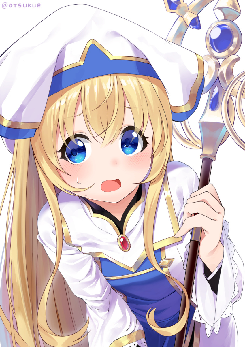 1girl :o bangs blonde_hair blue_eyes blush breasts commentary_request dress dx_(dekusu) eyebrows_visible_through_hair goblin_slayer! hair_between_eyes hat highres holding holding_staff leaning_forward long_hair long_sleeves looking_at_viewer open_mouth priestess priestess_(goblin_slayer!) simple_background small_breasts smile solo staff sweat twitter_username upper_body very_long_hair white_background white_dress white_hat wide_sleeves