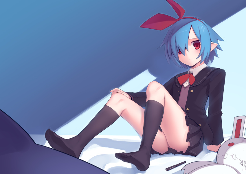 1girl absurdres black_legwear black_skirt blue_hair boa_(brianoa) bow disgaea feet full_body hair_bow highres looking_at_viewer pen pleinair skirt socks