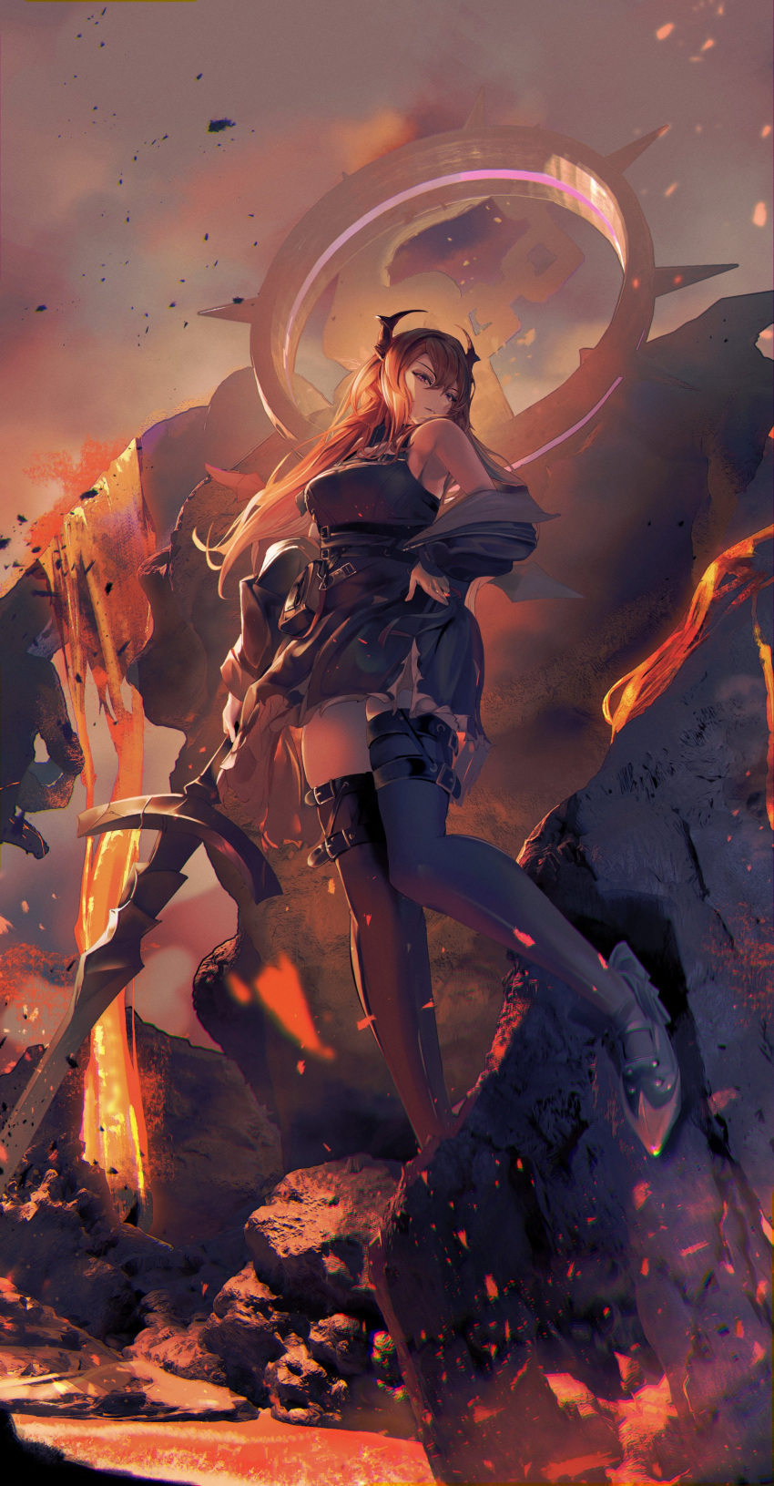 1girl absurdres arknights ashes belt clouds cloudy_sky demon_horns eeekaku_tofu highres horns jacket lava open_clothes open_jacket redhead skirt sky surtr_(arknights) sword thigh-highs thigh_strap violet_eyes weapon