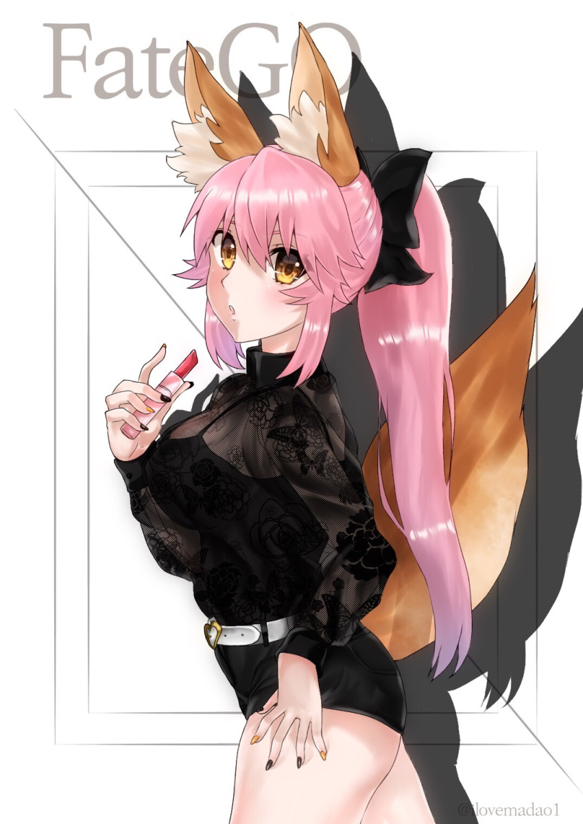 1girl alternate_costume alternate_hairstyle animal_ear_fluff animal_ears black_ribbon breasts cleavage cosmetics fate/grand_order fate_(series) fox_ears fox_girl fox_tail hair_ribbon highres large_breasts lips lipstick long_hair long_ponytail looking_at_viewer looking_to_the_side makeup mimi nail_polish pink_hair ponytail red_lipstick ribbon see-through solo tail tamamo_(fate)_(all) tamamo_no_mae_(fate) yellow_eyes