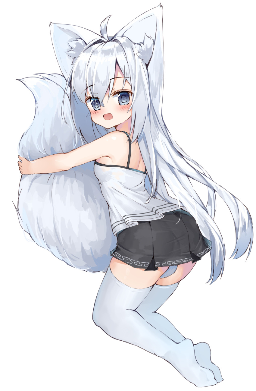 1girl absurdres ahoge animal_ear_fluff animal_ears bangs bare_arms bare_shoulders between_legs black_skirt blue_eyes blush camisole commentary_request eyebrows_visible_through_hair fox_ears fox_girl fox_tail hair_between_eyes highres kneeling long_hair looking_at_viewer looking_to_the_side no_shoes open_mouth original pleated_skirt silver_hair simple_background skirt soles solo tail tail_between_legs tail_hug tandohark thigh-highs very_long_hair white_background white_camisole white_legwear