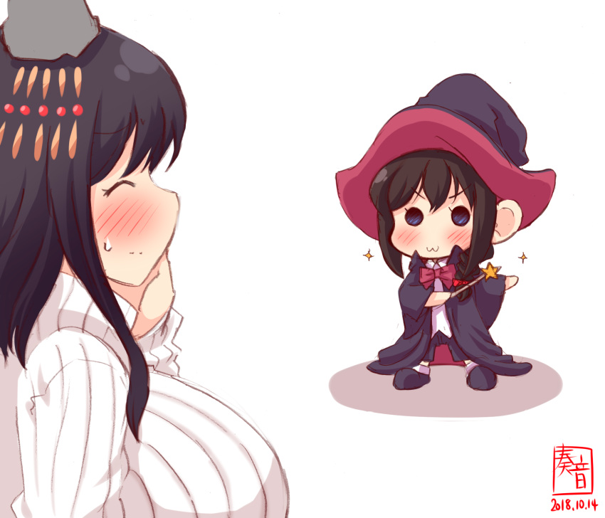 1girl 2girls :3 alternate_costume artist_logo baton black_hair blush braid breasts cape chibi cosplay dated hair_ornament hair_over_shoulder halloween hat headgear highres kanon_(kurogane_knights) kantai_collection large_breasts long_hair multiple_girls neck_ribbon nontraditional_miko red_neckwear ribbed_sweater ribbon shigure_(kantai_collection) shirt short_hair shorts simple_background single_braid smile star sweatdrop sweater turtleneck turtleneck_sweater white_background white_shirt witch witch_hat yamashiro_(kantai_collection) younger