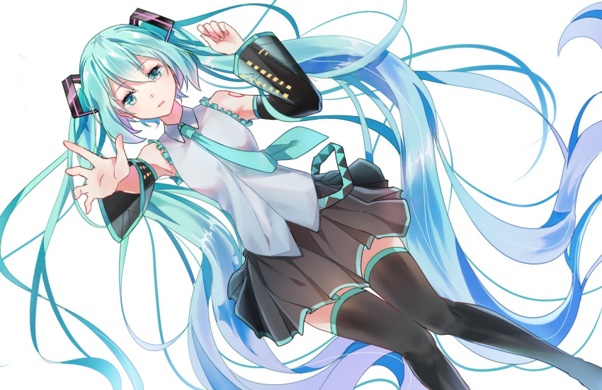 1girl absurdly_long_hair arm_up black_footwear black_skirt black_sleeves blue_hair blue_neckwear boots detached_sleeves dress dress_shirt eyebrows_visible_through_hair floating_hair frilled_dress frills from_above green_eyes grey_dress hair_between_eyes hair_ornament hatsune_miku long_hair looking_at_viewer lying miniskirt necktie on_back parted_lips pleated_skirt see-through shiny shiny_hair shirt simple_background skirt sleeveless sleeveless_shirt solo suiboku_tanren thigh-highs thigh_boots twintails very_long_hair vocaloid white_background zettai_ryouiki