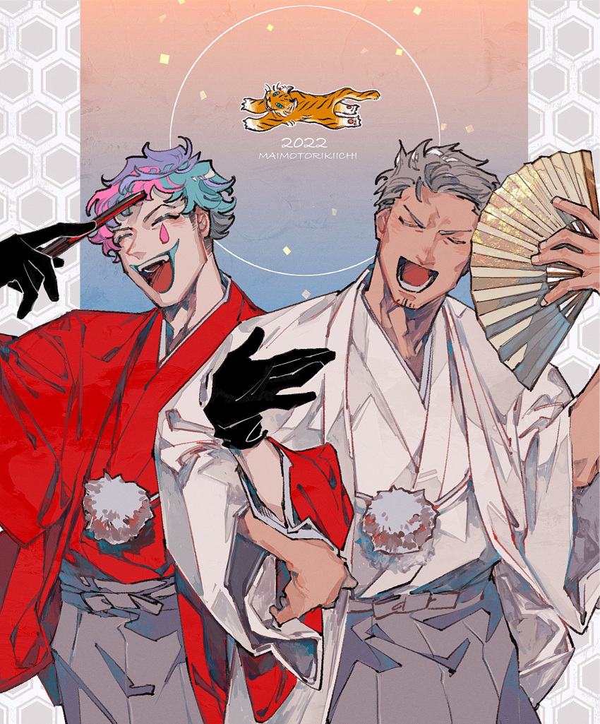 2022 2boys :d ^_^ aqua_hair aqua_lips black_gloves chinese_zodiac closed_eyes commentary_request facial_hair facial_mark folded_fan folding_fan gloves gradient_background grey_hair grey_hakama hakama hakama_skirt hand_fan hands_up haori haori_himo highres holding holding_fan japanese_clothes joe_rikiichi kan_(punsukapun) kimono locked_arms long_sleeves maimoto_keisuke male_focus multicolored_hair multiple_boys nijisanji open_clothes open_mouth pink_hair pom_pom_(clothes) purple_hair red_haori red_kimono short_hair simple_background skirt smile stubble teardrop_facial_mark teeth tiger u_u upper_teeth_only virtual_youtuber white_haori white_kimono wide_sleeves year_of_the_tiger