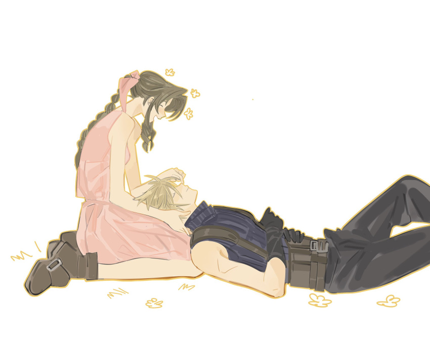 1boy 1girl aerith_gainsborough baggy_pants belt black_gloves black_pants blonde_hair blue_shirt boots braid braided_ponytail breasts brown_belt brown_footwear brown_hair closed_eyes cloud_strife couple dress feet_out_of_frame final_fantasy final_fantasy_vii final_fantasy_vii_rebirth final_fantasy_vii_remake full_body gloves hair_between_eyes hair_ribbon hand_in_another's_hair hands_on_own_stomach hetero highres kneeling lap_pillow light_blush light_smile long_dress long_hair medium_breasts mmmckayyy multiple_belts open_mouth pants parted_bangs pink_dress pink_ribbon ribbon shirt short_hair sidelocks single_braid sleeveless sleeveless_dress sleeveless_turtleneck smile spiky_hair suspenders turtleneck white_background