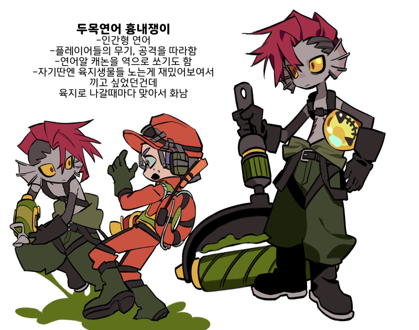 2boys boots chest_harness colored_sclera commentary_request fins fish_boy gills green_jumpsuit harness head_fins highres hornx3_booyah inkling inkling_boy inkling_player_character jumpsuit korean_text male_focus mohawk monster_boy multiple_boys paint red_eyes redhead short_hair simple_background smallfry_(splatoon) splatoon_(series) splatoon_3 translation_request white_background yellow_sclera