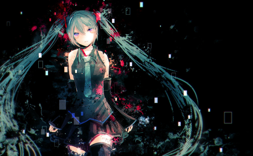 1girl black_background black_legwear black_skirt black_sleeves blue_hair collarbone detached_sleeves eyebrows_visible_through_hair floating_hair grey_shirt hair_between_eyes hatsune_miku head_tilt highres long_hair long_sleeves looking_at_viewer miniskirt necktie nyakkunn parted_lips pink_eyes pleated_skirt shirt skirt sleeveless sleeveless_shirt solo thigh-highs twintails very_long_hair vocaloid zettai_ryouiki