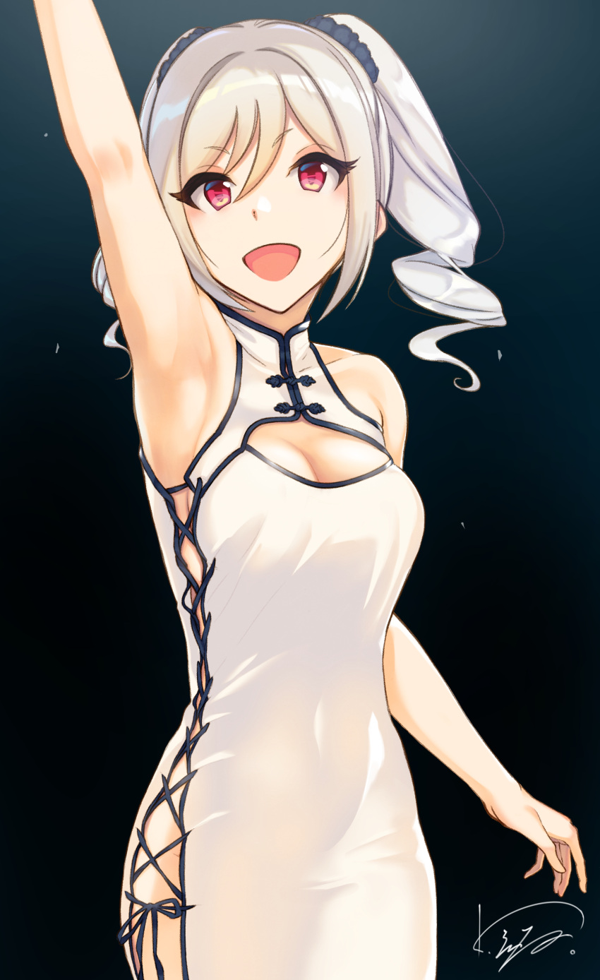 1girl :d absurdres arm_up armpits bangs bare_shoulders blue_background blush breasts china_dress chinese_clothes cleavage cleavage_cutout collarbone cowboy_shot cross-laced_clothes dress drill_hair eyebrows_visible_through_hair eyelashes gradient gradient_background grey_hair hair_ornament hair_scrunchie highres idolmaster idolmaster_cinderella_girls kanamura_will kanzaki_ranko long_hair medium_breasts open_mouth pink_eyes scrunchie shiny shiny_hair simple_background sleeveless sleeveless_dress smile solo swept_bangs twin_drills twintails white_dress