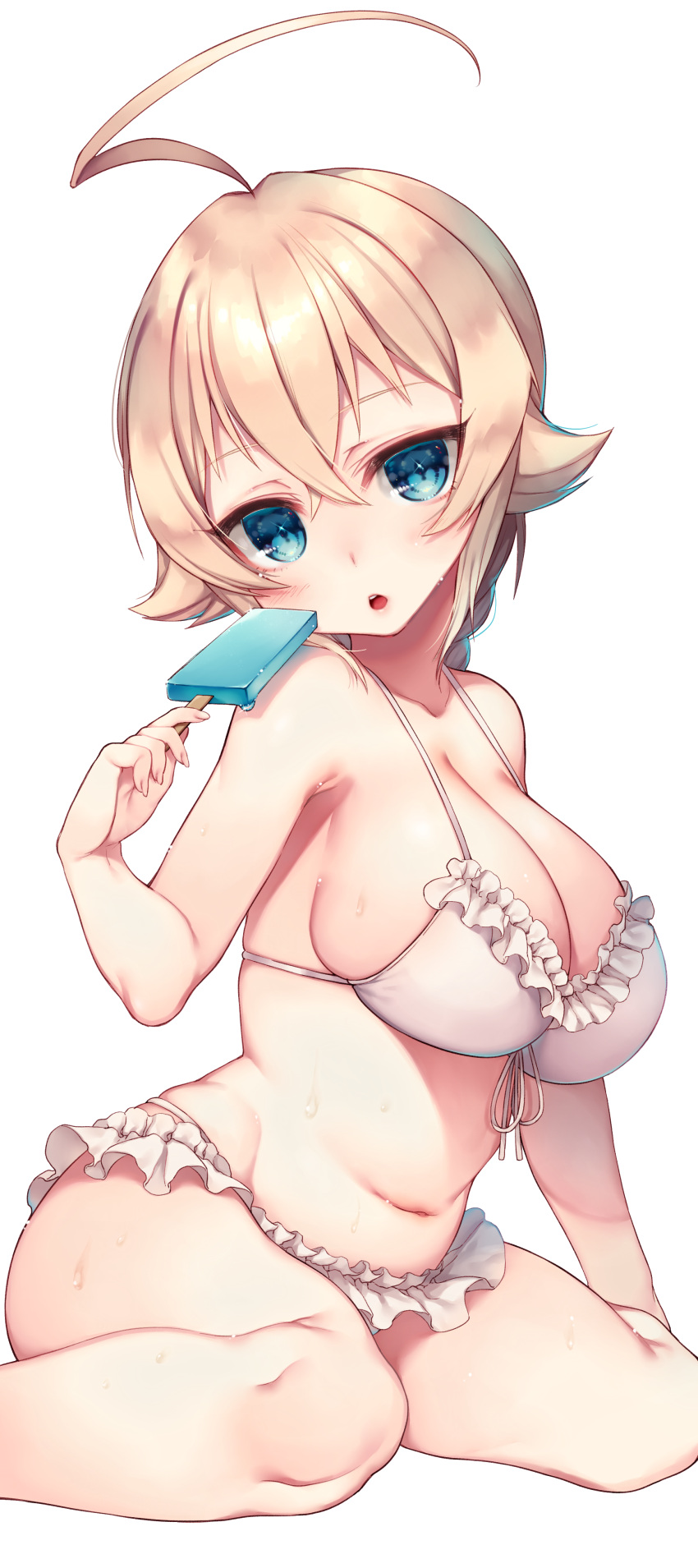 1girl absurdres ahoge blazblue blonde_hair blue_eyes blush braid breasts es_(xblaze) food highres himegi_you large_breasts looking_at_viewer navel open_mouth popsicle simple_background single_braid sitting solo sweat wariza white_background xblaze