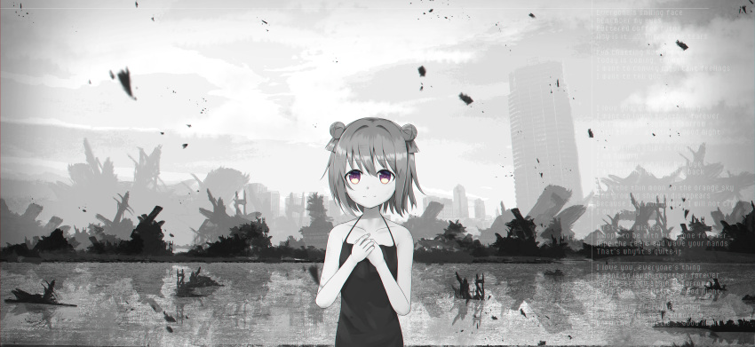 1girl absurdres akaza_akari building closed_mouth collarbone commentary_request double_bun dress english eyebrows_visible_through_hair hands_on_own_chest highres huge_filesize looking_at_viewer monochrome nazuna_(nazuna_a2) outdoors own_hands_together ruins sky smile solo spot_color violet_eyes yuru_yuri