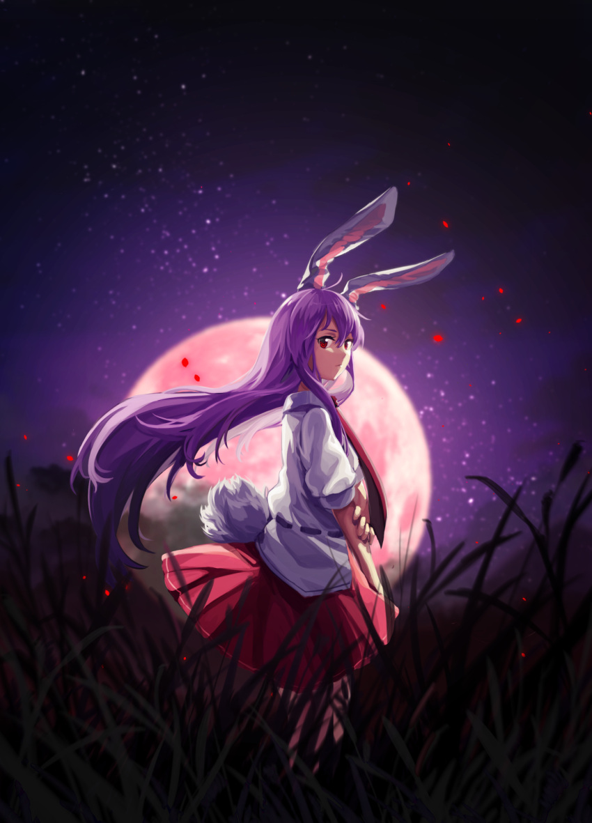 1girl animal_ears bunny_tail floating_hair from_side full_moon furahata_gen hair_between_eyes highres long_hair looking_at_viewer moon night outdoors petals pleated_skirt purple_hair rabbit_ears red_eyes red_skirt reisen_udongein_inaba shirt skirt sky solo standing star_(sky) starry_sky tail touhou very_long_hair white_shirt