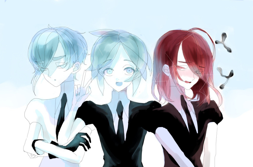 3others ahoge androgynous antarcticite aqua_eyes aqua_hair blush colored_eyelashes crossed_arms crystal_hair eyebrows_visible_through_hair eyes_visible_through_hair gem_uniform_(houseki_no_kuni) gloves hair_over_one_eye highres houseki_no_kuni long_bangs looking_at_viewer mercury multiple_others necktie open_mouth phosphophyllite red_eyes redhead shinsha_(houseki_no_kuni) short_hair smile thick_eyebrows upper_body v white_eyes white_hair white_skin