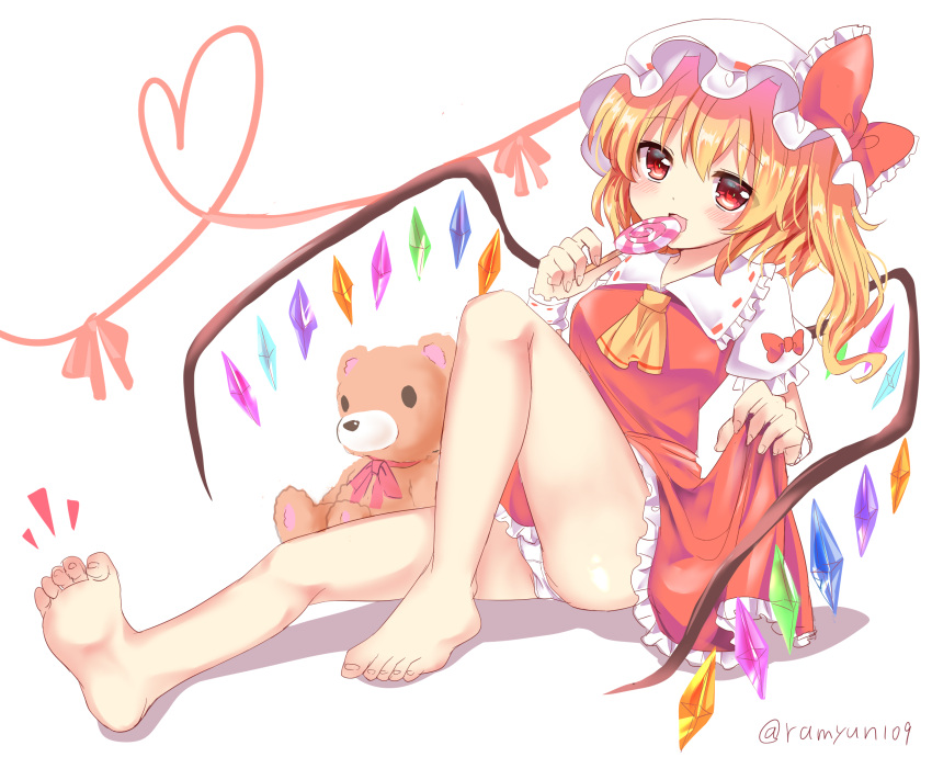1girl barefoot blonde_hair bow candy commentary_request eating eyebrows_visible_through_hair flandre_scarlet food hat heart highres licking lollipop open_mouth panties ramudia_(lamyun) red_bow red_eyes shadow simple_background sitting smile stuffed_animal stuffed_toy teddy_bear thighs toes touhou underwear white_background white_panties wings yellow_neckwear