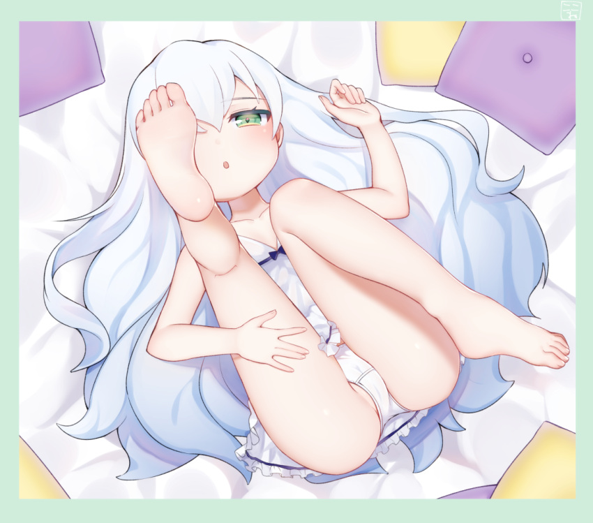 1girl :o arm_up bare_arms bare_legs bare_shoulders barefoot bed_sheet blush collarbone dutch_angle eyebrows_visible_through_hair fingernails frills green_eyes hair_between_eyes koko_ne_(user_fpm6842) legs_up long_hair looking_at_viewer lying on_back original panties parted_lips silver_hair solo underwear underwear_only very_long_hair white_camisole white_panties