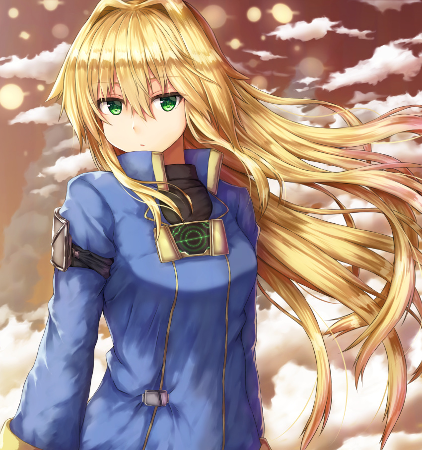 arm_strap arms_at_sides blonde_hair blue_coat breasts buranketo_2 clouds commentary eyebrows_visible_through_hair floating_hair green_eyes hair_between_eyes hair_intakes head_tilt high_collar highres long_hair long_sleeves looking_at_viewer medium_breasts outdoors parted_lips ringed_eyes shiny shiny_hair sidelocks sora_(suguri) suguri upper_body very_long_hair wind