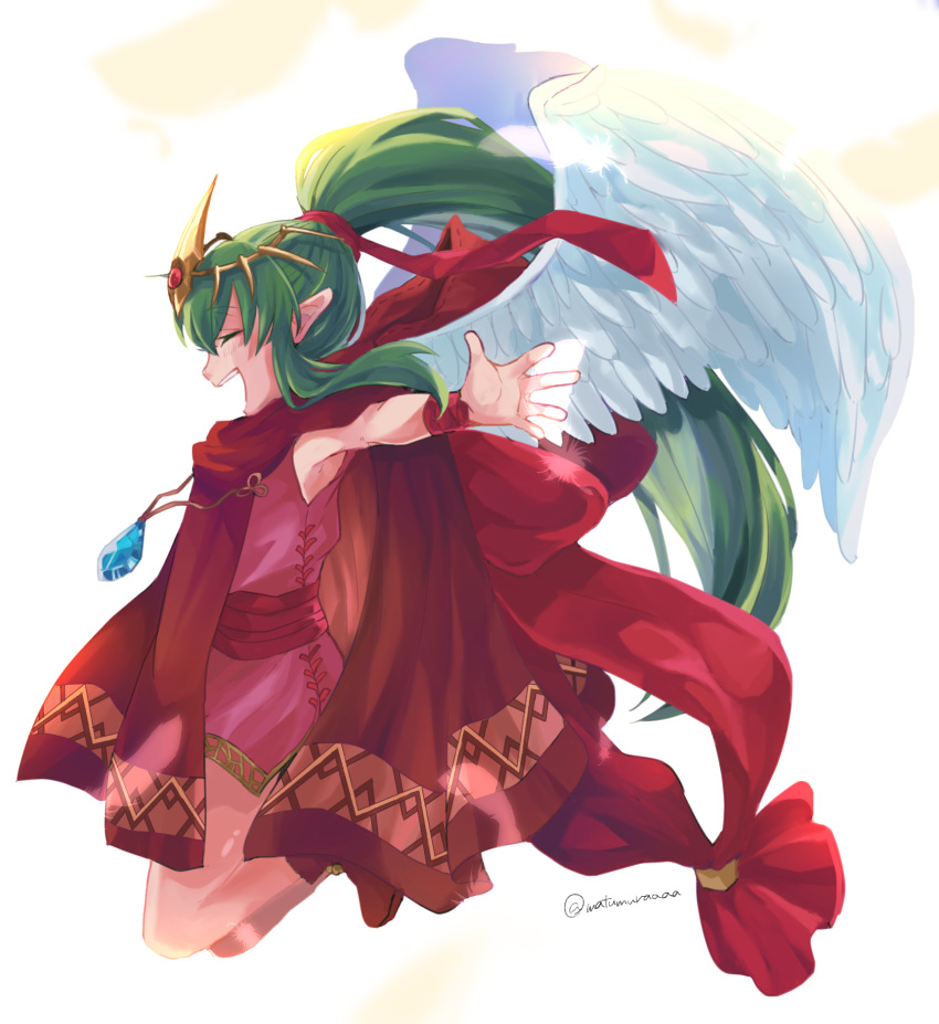1girl angel_wings chiki cloak closed_eyes dress fire_emblem fire_emblem:_mystery_of_the_emblem fire_emblem_heroes from_side green_hair hair_ribbon highres hood hood_down long_hair mamkute matumuraaaa nintendo open_mouth pink_dress pointy_ears ponytail ribbon short_dress simple_background solo stone tiara twitter_username white_background wings wristband