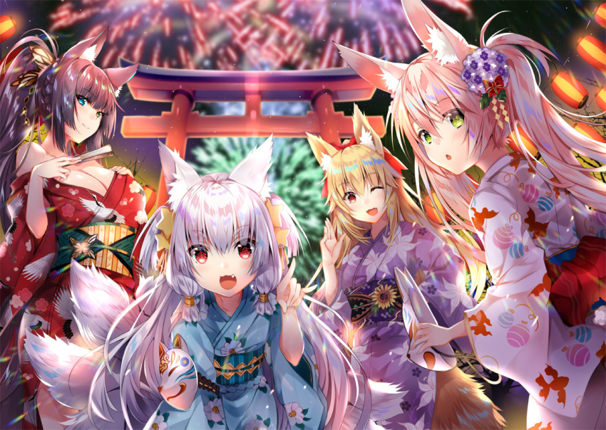 4girls :o animal_ear_fluff animal_ears blonde_hair blurry blurry_background blush breasts brown_hair cleavage eyebrows_visible_through_hair fang fireworks fox_ears fox_mask fox_tail hair_ornament hair_ribbon heterochromia japanese_clothes kimono large_breasts leaning_forward long_hair looking_at_viewer looking_back mask medium_breasts multiple_girls multiple_tails night off_shoulder one_eye_closed open_mouth original pink_hair pointing ponytail ribbon silver_hair small_breasts smile standing tail torii twintails usagihime yellow_eyes yukata