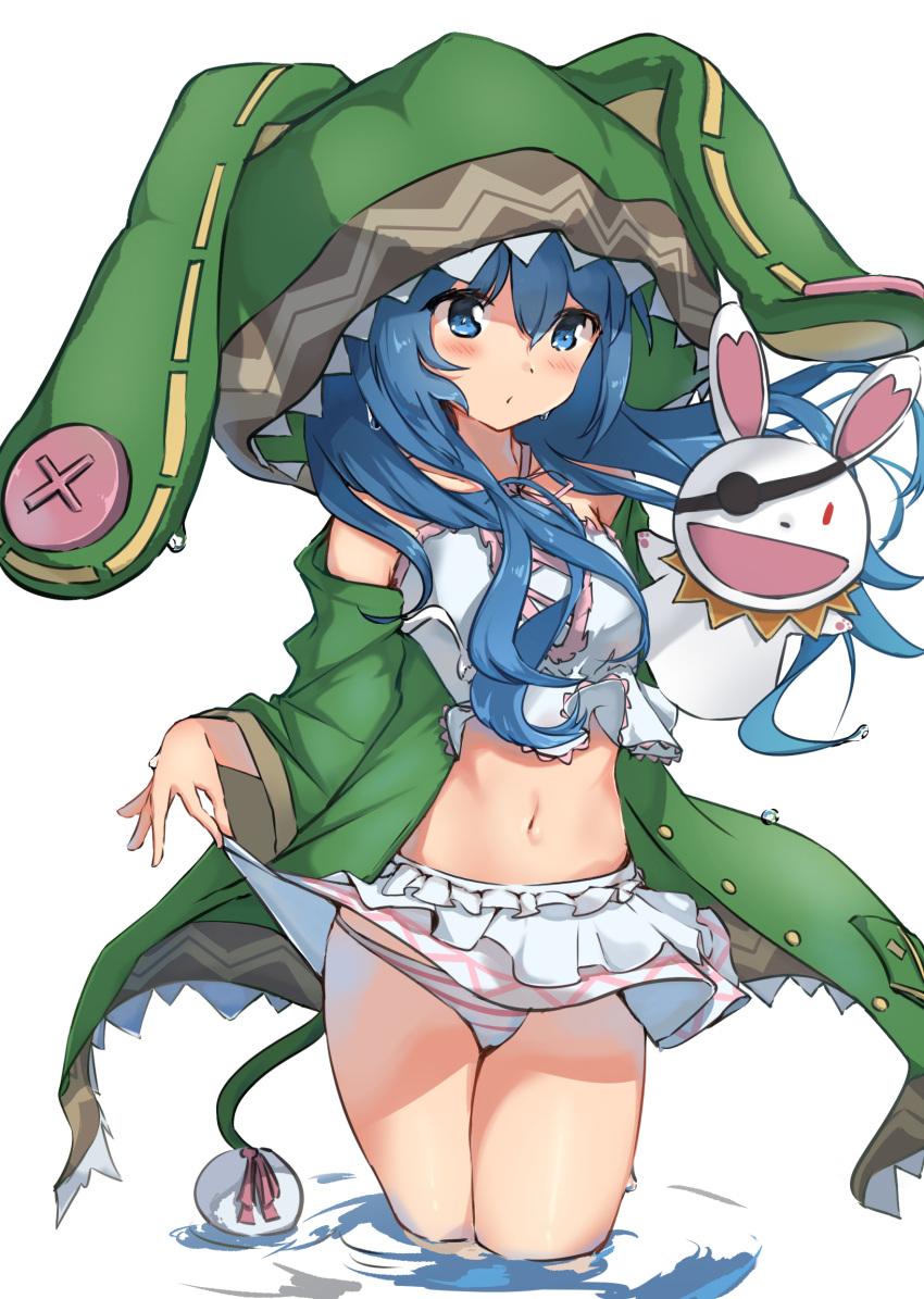 1girl absurdres animal_ears animal_hood bangs bare_shoulders bikini bikini_skirt blue_eyes blue_hair blush breasts bunny_hood buttons closed_mouth crop_top date_a_live eyebrows_visible_through_hair eyepatch hair_between_eyes hand_puppet highres hood hood_up hooded_jacket jacket long_hair long_sleeves looking_at_viewer navel off_shoulder open_clothes open_jacket puppet rabbit_ears ripples small_breasts solo striped_bikini_bottom swimsuit taka_(0taka) very_long_hair wading water wet white_background wide_sleeves yoshino_(date_a_live) yoshinon