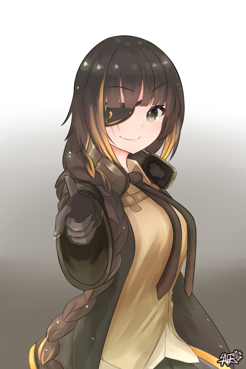 1girl absurdres arms_up bangs braid breasts brown_eyes brown_hair closed_mouth eyebrows eyepatch finger_gun girls_frontline gloves headphones highres hiromaster_sinta_jh jacket long_hair looking_at_viewer m16a1_(girls_frontline) medium_breasts multicolored_hair necktie scar smile solo standing streaked_hair undershirt