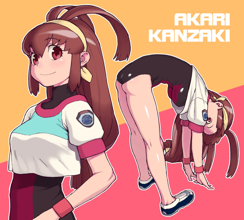 1girl arched_back ass bangs battle_athletes bent_over breasts brown_hair character_name crop_top eyebrows_visible_through_hair full_body gym_uniform hair_between_eyes hairband hanging_breasts highres hijiri_rei kanzaki_akari leotard long_hair looking_at_viewer low-tied_long_hair mechanical_pencil medium_breasts multiple_views pencil red_eyes short_sleeves smile stretch sweatband thighs turtleneck yellow_hairband