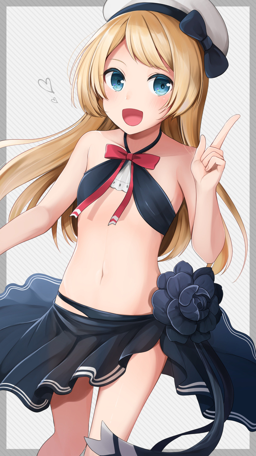 1girl absurdres alternate_costume arm_up bangs bikini black_bikini blonde_hair blue_eyes blush bow bowtie breasts commentary_request cropped_legs eyebrows_visible_through_hair flower hair_between_eyes hat heart highres jervis_(kantai_collection) kantai_collection long_hair looking_at_viewer navel open_mouth red_bow red_neckwear red_ribbon ribbon sailor_hat sarong simple_background small_breasts smile solo standing swimsuit thighs yunamaro