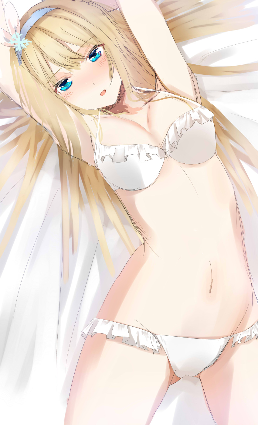 1girl absurdres alternate_costume armpits arms_up bangs bikini blonde_hair blue_eyes blush breasts cleavage collarbone eyebrows_visible_through_hair frilled_bikini frills girls_frontline groin hair_between_eyes hair_ornament hairband highres long_hair looking_at_viewer lying medium_breasts navel on_back open_mouth sidelocks snowflake_hair_ornament solo stomach suomi_kp31_(girls_frontline) swimsuit thighs tsubapi_(pupi57) white_bikini