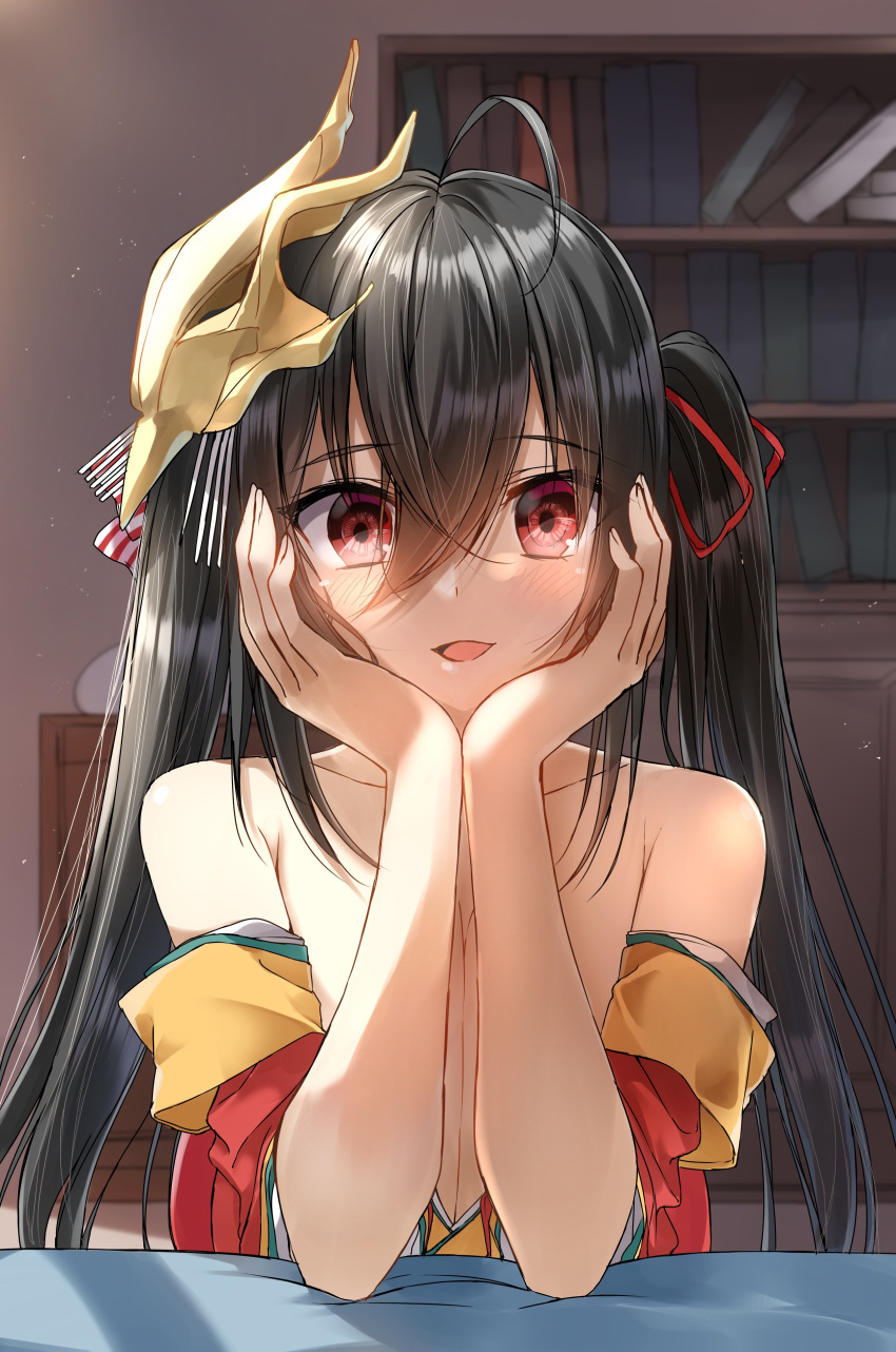 1girl :d absurdres ahoge azur_lane bare_shoulders black_hair bookshelf dust_particles elbow_rest empty_eyes eyebrows_visible_through_hair eyes_visible_through_hair hair_between_eyes hair_ribbon hands_on_own_face highres indoors long_hair looking_at_viewer mask mask_on_head open_mouth pentagon_(railgun_ky1206) red_eyes ribbon smile solo taihou_(azur_lane) twintails yandere