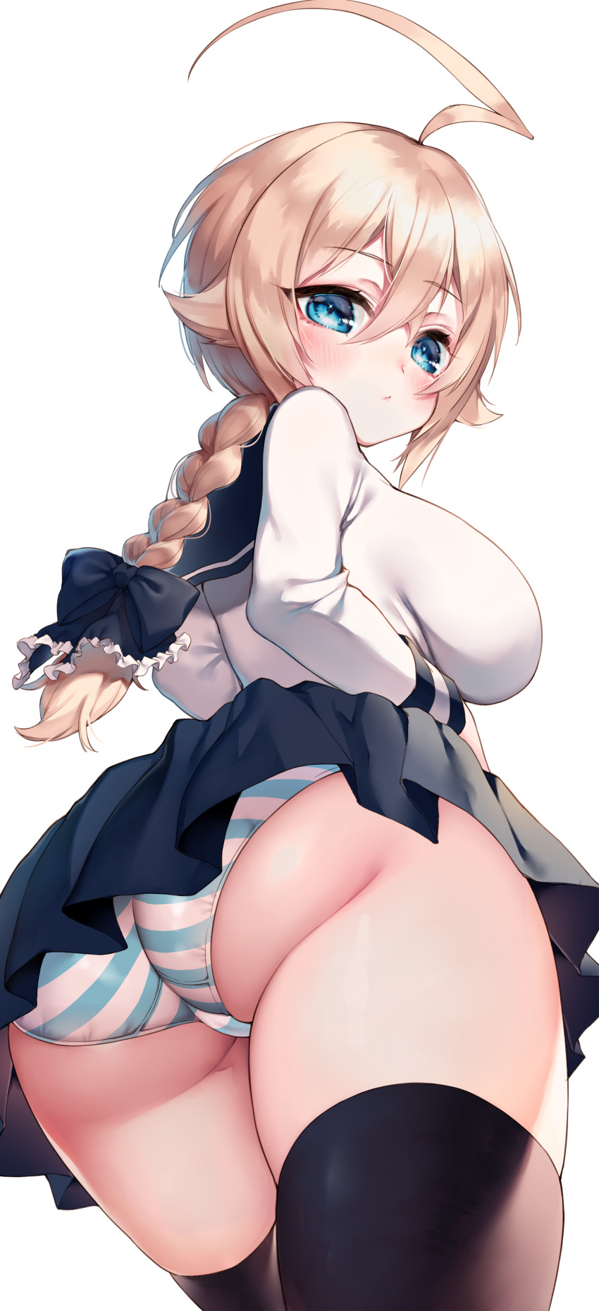 1girl absurdres ahoge ass black_legwear blazblue blonde_hair blue_eyes blush braid breasts es_(xblaze) hair_flaps highres himegi_you hips huge_ass large_breasts long_hair long_sleeves looking_at_viewer looking_back panties pantyshot pantyshot_(standing) school_uniform serafuku single_braid skirt solo standing striped striped_panties thick_thighs thigh-highs thighs underwear wide_hips xblaze