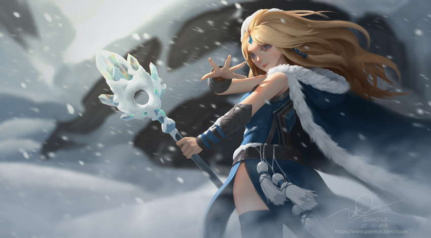 1girl arm_up artist_name blonde_hair blue_coat blue_eyes blue_legwear breasts closed_mouth commentary dao_trong_le dated day defense_of_the_ancients dota_2 english_commentary forehead_jewel fur_trim highres holding lips long_hair looking_at_viewer medium_breasts outdoors patreon_username pointy_ears rylai_crestfall signature snow snowing solo spread_fingers sunlight thigh-highs watermark web_address