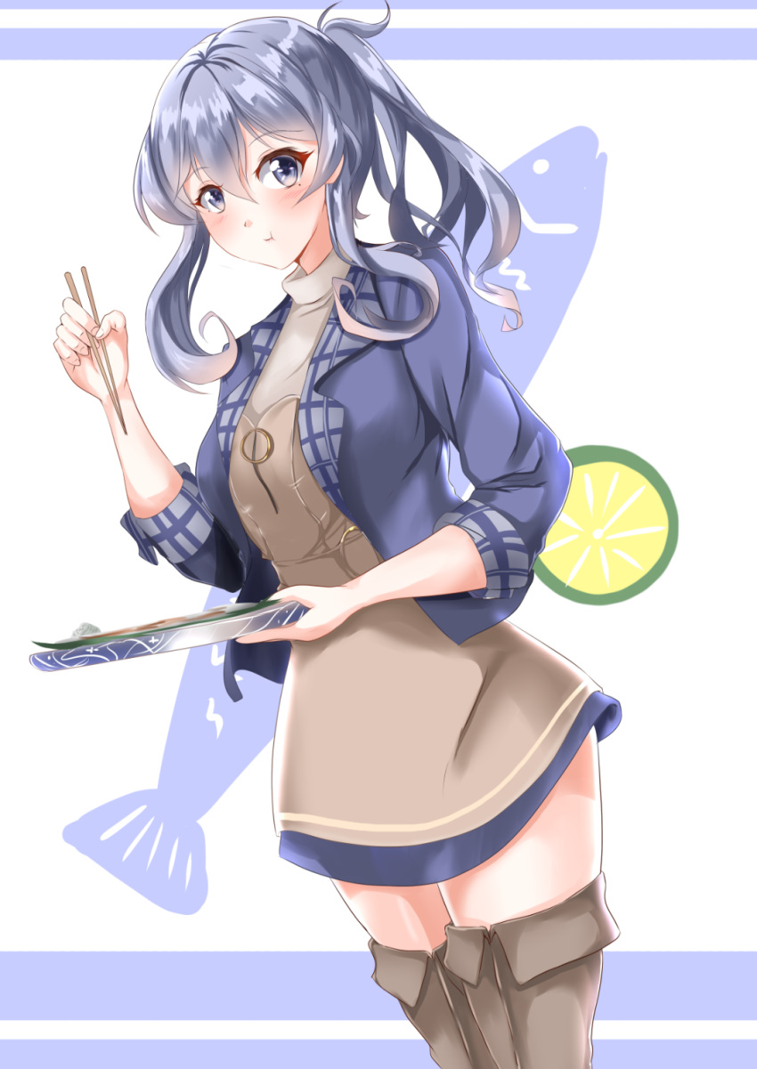 1girl :t bangs blue_eyes blue_hair blue_jacket blue_skirt blush boots brown_dress brown_footwear chopsticks dress dutch_angle eyebrows_visible_through_hair fish food fruit gotland_(kantai_collection) hair_between_eyes hand_up highres holding holding_chopsticks holding_tray jacket kantai_collection kentan_(kingtaiki) legs_together long_hair looking_at_viewer looking_to_the_side mole mole_under_eye o-ring ponytail short_dress sidelocks skirt sleeves_folded_up solo thigh-highs thigh_boots tray turtleneck zettai_ryouiki