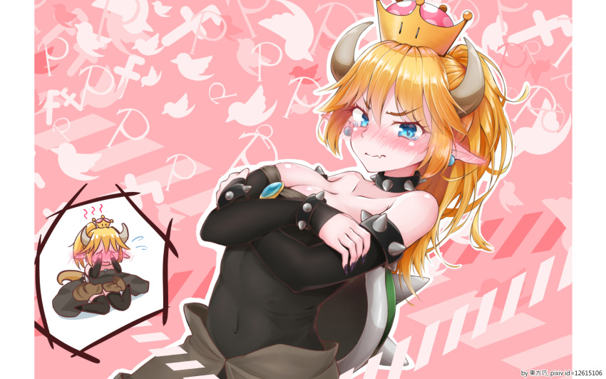 1girl aqua_earrings bangs bare_shoulders black_dress black_footwear black_legwear black_sleeves blonde_hair blue_eyes blush bowsette breasts brooch chibi chibi_inset cleavage colored_eyelashes covered_navel crossed_arms dress ear_blush earrings elbow_sleeve embarrassed eyebrows_visible_through_hair facebook fang_out fingernails full-face_blush hair_between_eyes hands_over_eyes highres horns jewelry letterboxed light_blue_eyes long_hair long_ponytail looking_at_viewer super_mario_bros. medium_breasts nail_polish new_super_mario_bros._u_deluxe nintendo nose_blush open_mouth pink_background pixiv pointy_ears ponytail purple_nails sharp_fingernails shiny shiny_hair shiny_skin sidelocks sitting skindentation solo spiked_shell strapless strapless_dress sunkazer super_crown tail tearing_up thigh-highs toned twitter upper_body waist_cape wariza wavy_mouth