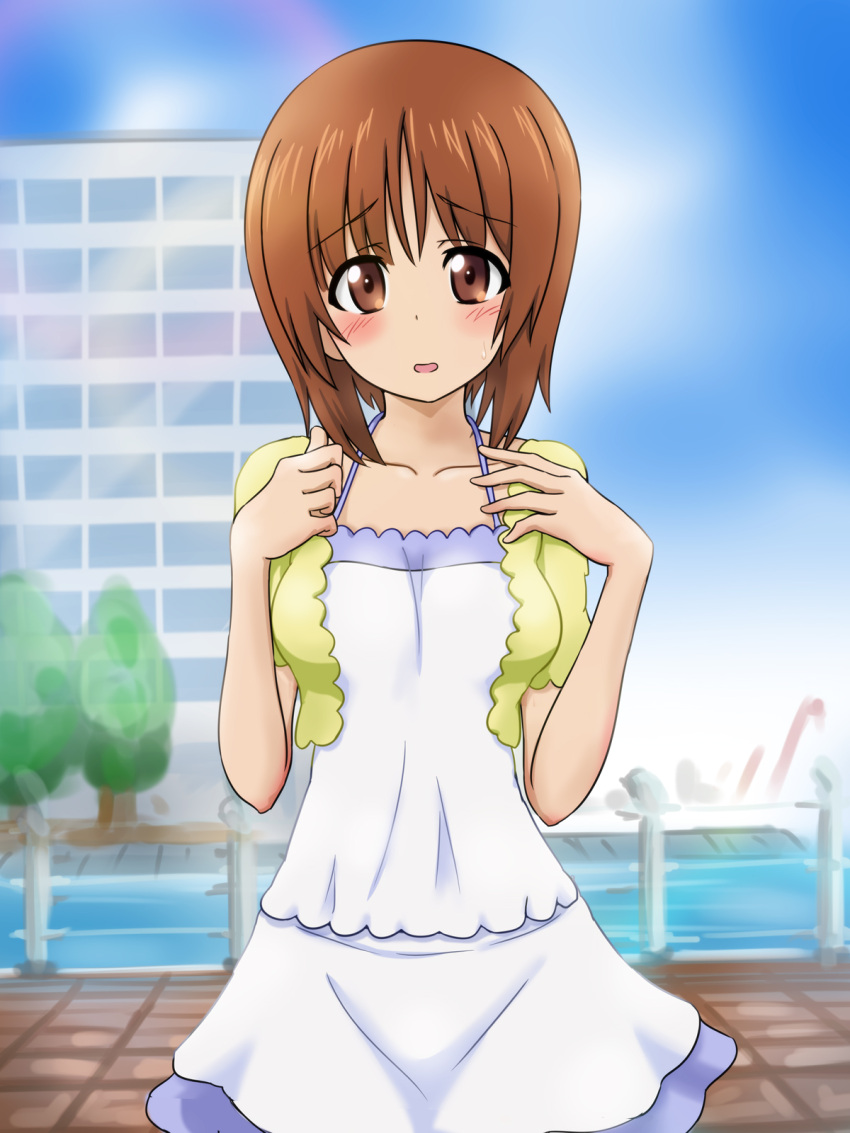 1girl bangs blue_shirt blue_skirt blurry blurry_background blush brown_eyes brown_hair camisole casual clouds cloudy_sky cowboy_shot day eyebrows_visible_through_hair fechisupi girls_und_panzer highres jacket light_frown light_smile looking_at_viewer miniskirt nishizumi_miho open_mouth outdoors shirt short_hair short_sleeves skirt skirt_set sky solo spaghetti_strap standing sweatdrop yellow_jacket