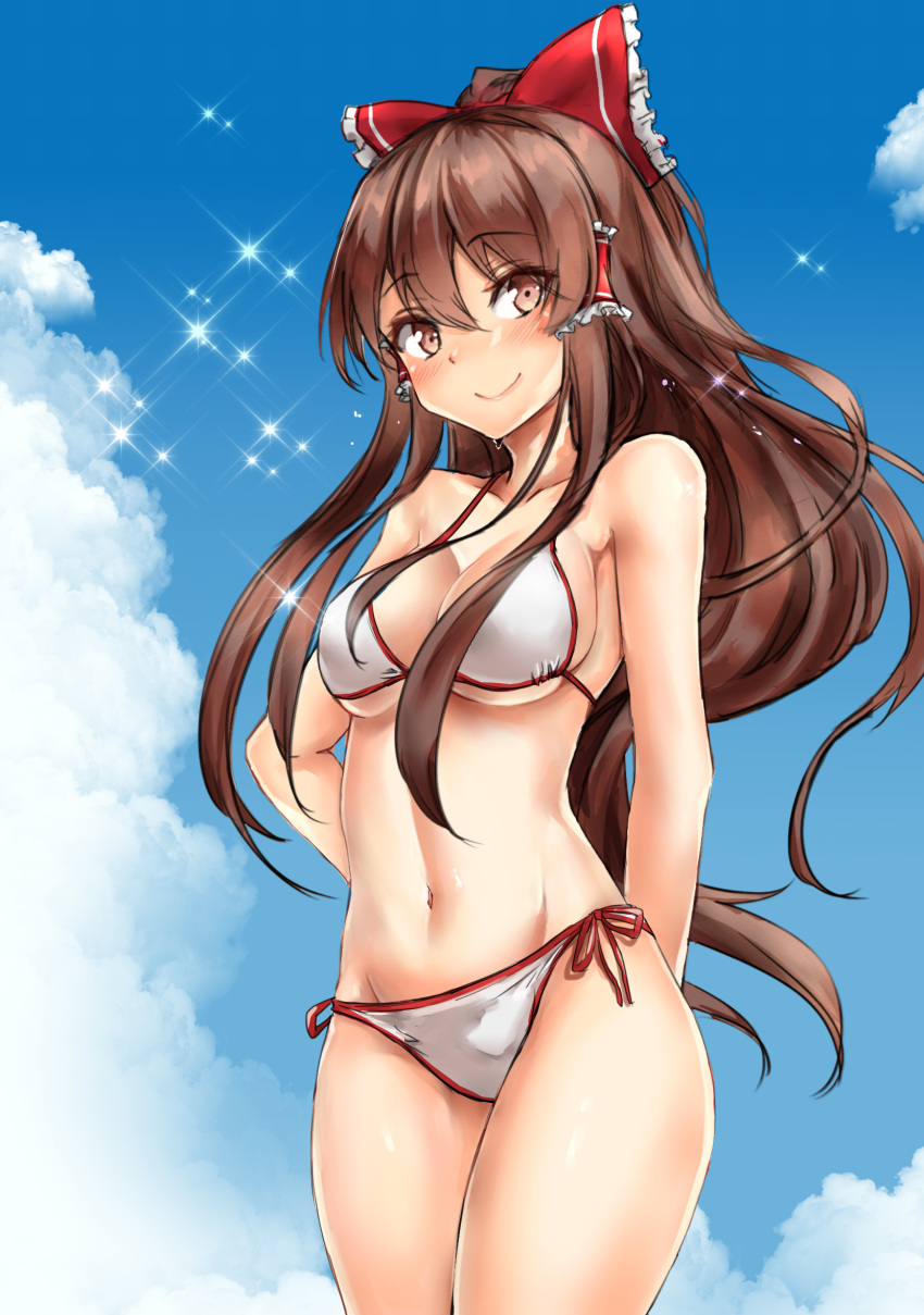 1girl amagi_(amagi626) arms_behind_back bangs bare_arms bare_shoulders bikini blue_sky blush bow breasts brown_eyes brown_hair clouds collarbone commentary_request cowboy_shot day eyebrows_visible_through_hair frilled_bow frills groin hair_between_eyes hair_bow hair_tubes hakurei_reimu highres long_hair looking_at_viewer medium_breasts navel outdoors red_bow side-tie_bikini sky smile solo sparkle standing stomach swimsuit thighs touhou very_long_hair white_bikini