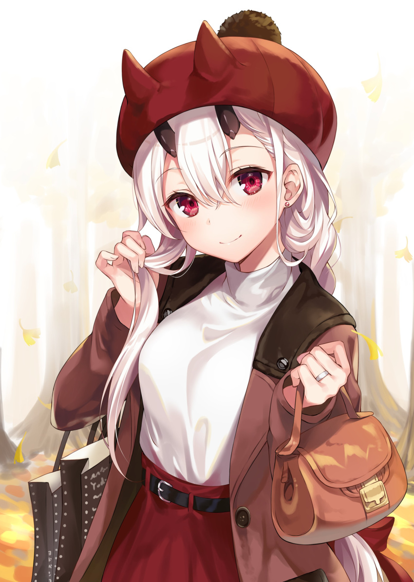 1girl absurdres ale_nqki autumn_leaves bag belt blush breasts casual commentary_request contemporary earrings eyebrows_visible_through_hair fate/grand_order fate_(series) hair_between_eyes hair_over_shoulder hair_tucking handbag hat head_tilt high-waist_skirt highres horns jewelry long_hair looking_at_viewer medium_breasts outdoors red_eyes ring skirt smile solo stud_earrings tomoe_gozen_(fate/grand_order) turtleneck very_long_hair white_hair