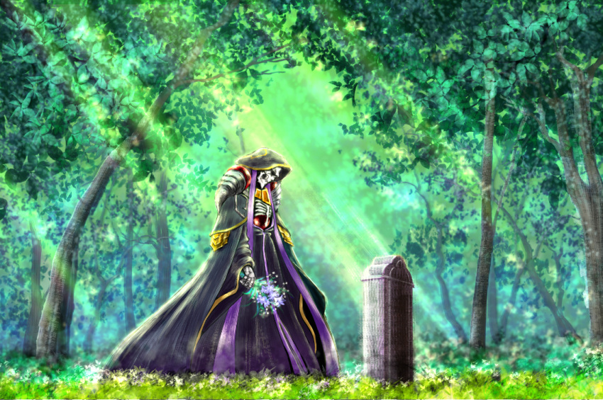 1boy 910pan ainz_ooal_gown bouquet commentary_request day dress flower forest holding holding_bouquet hood lich long_dress nature outdoors overlord_(maruyama) solo standing sunlight tombstone tree white_flower