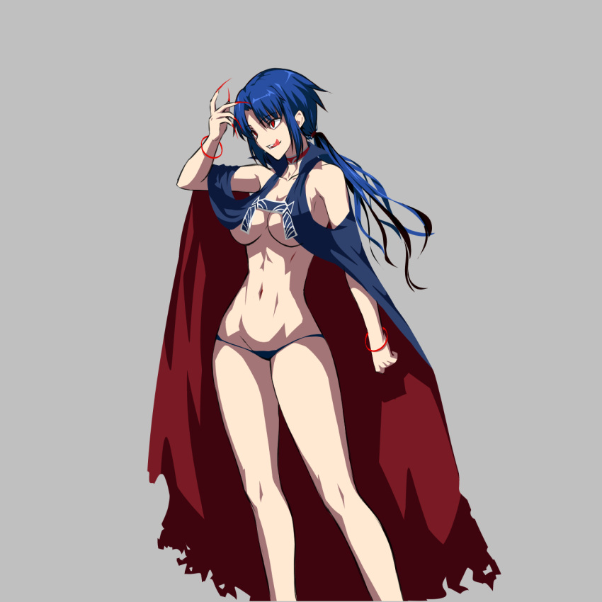 breasts cape cleavage contrapposto elesia extra_eyebrows grey_background groin highres licking_lips long_hair long_nails low_ponytail lowleg lowleg_panties medium_breasts naked_cape navel no_bra oceanbellereine panties tongue tongue_out torn_cape tsukihime underwear