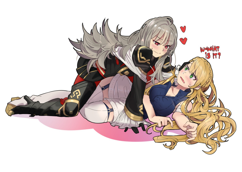 2girls absurdres armor black_armor black_gloves blonde_hair blush braid breasts cleavage closed_mouth commission crown_braid ebinku fire_emblem fire_emblem_heroes from_side gloves green_eyes grey_hair hand_on_another's_face heart high_heels highres long_hair long_sleeves medium_breasts multiple_girls nintendo parted_lips red_eyes sharena shirt shorts simple_background sleeveless sleeveless_shirt smile veronica_(fire_emblem) white_background white_legwear white_shorts yuri