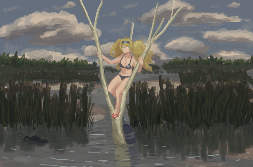 1girl bag bikini black_bikini blonde_hair blue_eyes breasts cleavage clouds commentary day duffel_bag gambier_bay_(kantai_collection) hair_between_eyes hairband highres kantai_collection lavenda_sep21 long_hair medium_breasts outdoors sandals solo swamp swimsuit tree twintails