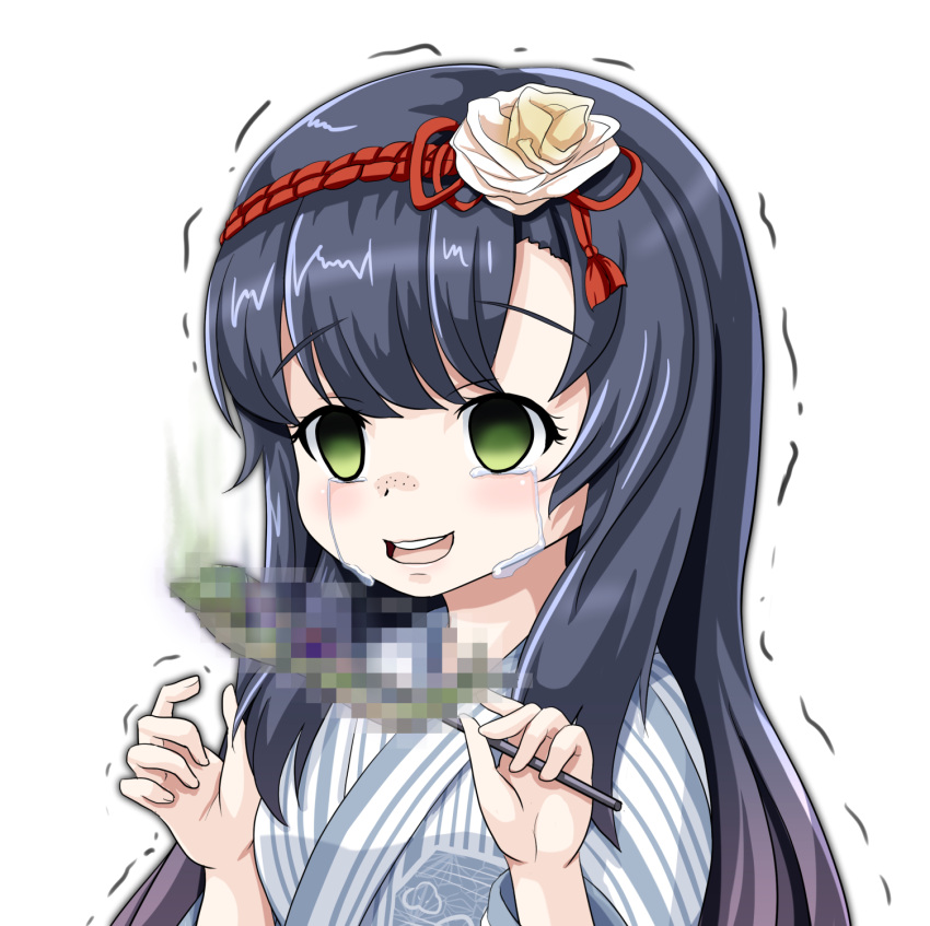 1girl :d black_hair censored commentary_request crying crying_with_eyes_open empty_eyes fish green_eyes hairband highres japanese_clothes kantai_collection kimono long_hair looking_at_viewer matsuwa_(kantai_collection) mosaic_censoring open_mouth saury simple_background smile solo streaming_tears tears tk8d32 trembling white_background