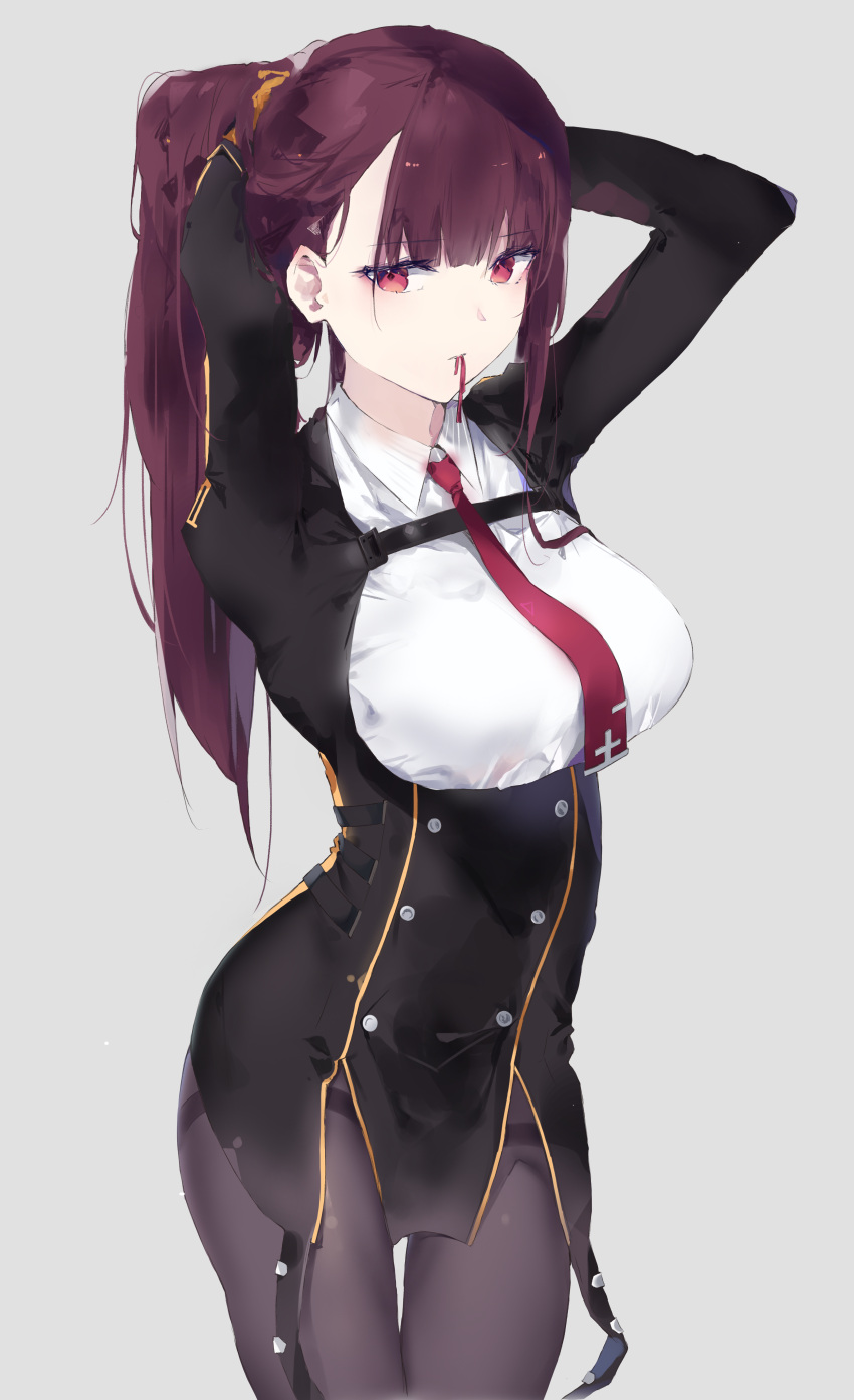 1girl absurdres bangs black_legwear black_skirt blazer blush breasts collared_shirt cowboy_shot double-breasted eyebrows_visible_through_hair framed_breasts girls_frontline gloves hair_ribbon high-waist_skirt highres jacket large_breasts long_hair looking_at_viewer mouth_hold necktie pantyhose pelvic_curtain purple_hair red_eyes red_neckwear ribbon ribbon_in_mouth shirt sidelocks simple_background skirt solo strap striped striped_shirt taut_clothes thighband_pantyhose tr_(hareru) tying_hair very_long_hair wa2000_(girls_frontline) white_shirt