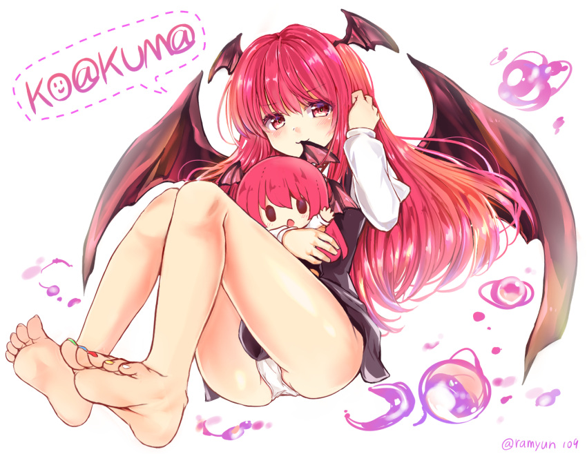 1girl @ barefoot character_name chibi demon_wings dotted_line dual_persona eyebrows_visible_through_hair glaring head_wings koakuma long_hair multicolored multicolored_nails nail_polish panties ramudia_(lamyun) redhead simple_background smile smiley_face soles solo speech_bubble thighs toes touhou twitter_username underwear watermark white_panties wings