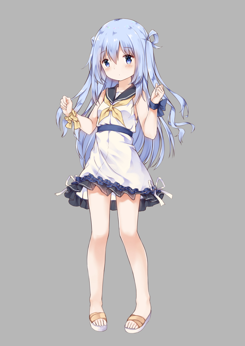 1girl absurdres bangs bare_shoulders black_sailor_collar blue_bow blue_eyes blue_hair blush bow breasts closed_mouth dress eyebrows_visible_through_hair frilled_dress frills full_body fuyuki030 grey_background hair_between_eyes hands_up highres long_hair original ribbon sailor_collar sailor_dress sandals simple_background sleeveless sleeveless_dress small_breasts solo standing two_side_up very_long_hair white_dress white_footwear white_ribbon wrist_bow yellow_bow