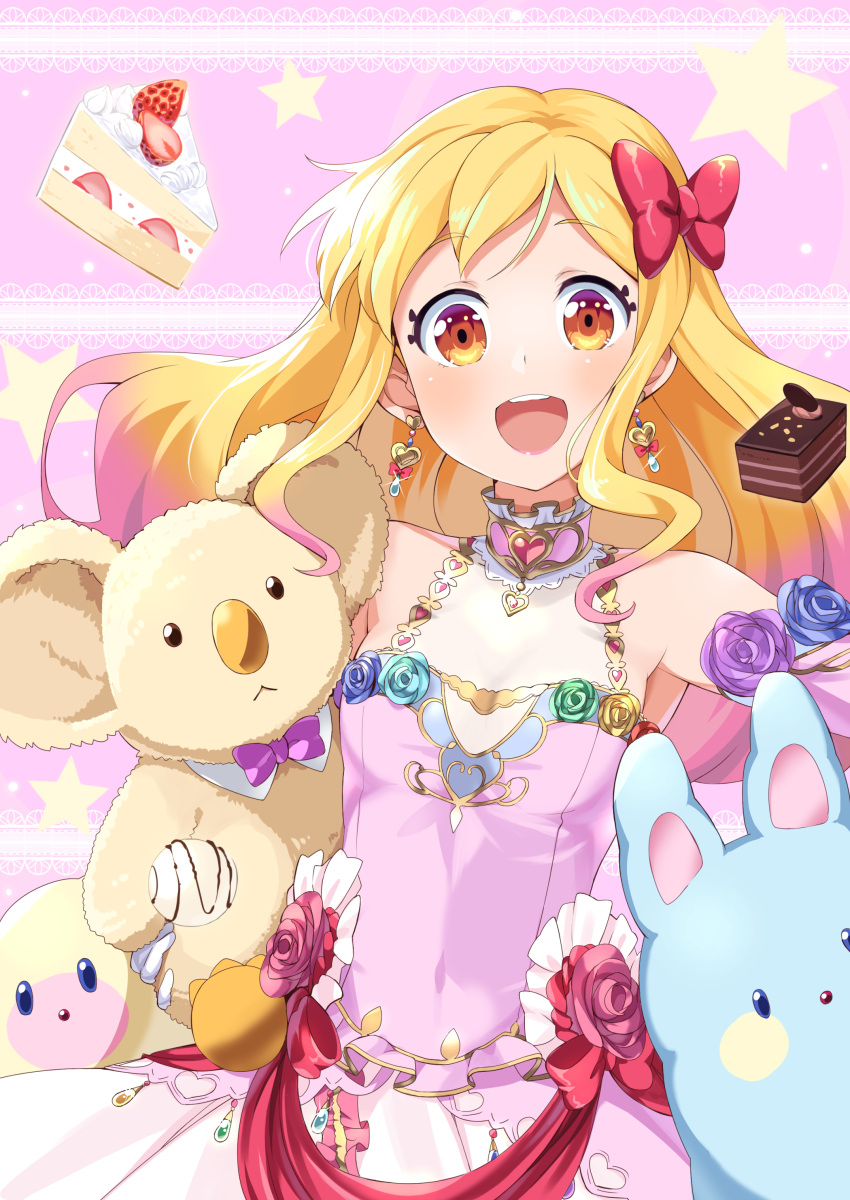 1girl :d absurdres aikatsu!_(series) aikatsu_stars! armpits bare_shoulders blonde_hair blush bow brown_eyes cake chocolate_cake choker commentary_request dress earrings eyebrows_visible_through_hair eyeliner flower flower_ornament food fruit gradient_hair hair_bow hair_down hand_up heart heart_choker heart_earrings highres holding holding_stuffed_animal jewelry koala lipstick long_hair looking_at_viewer makeup multicolored_hair nijino_yume open_mouth pink_hair rabbit round_teeth sleeveless sleeveless_dress slice_of_cake smile spaghetti_strap star strawberry strawberry_shortcake stuffed_animal stuffed_toy teeth upper_body upper_teeth wara_(warapro)