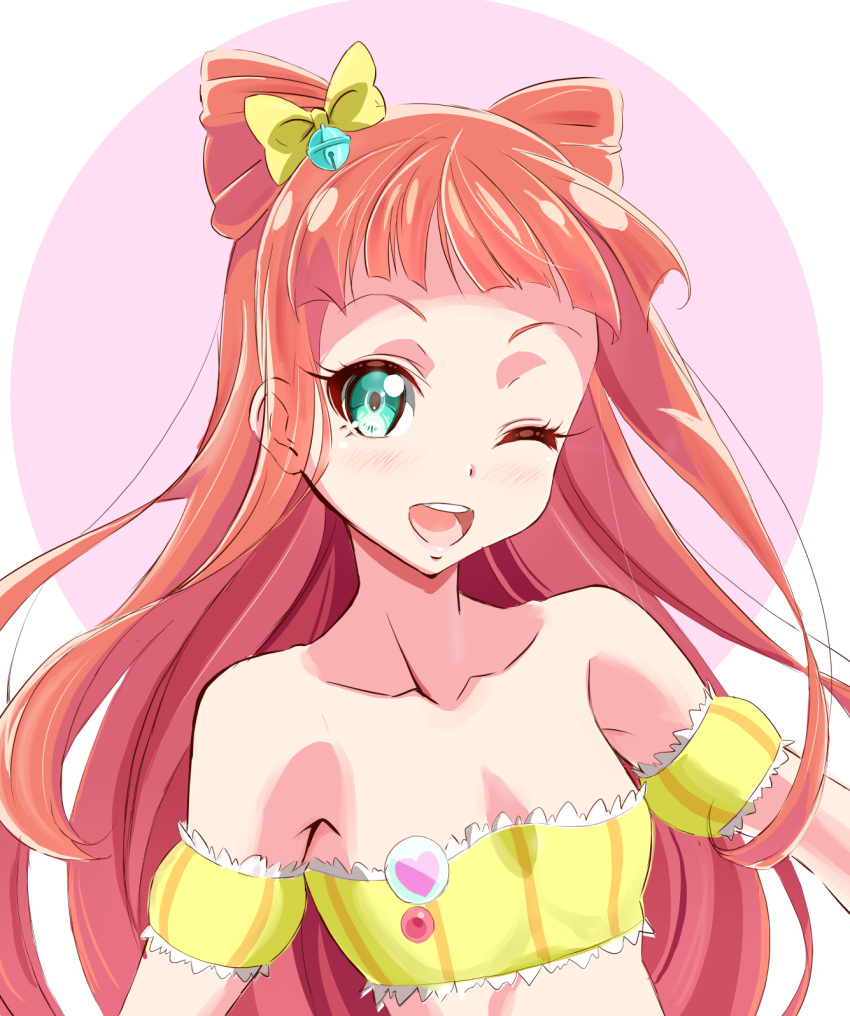 1girl aikatsu! aikatsu!_(series) aikatsu_stars! bangs bell blunt_bangs blush bow breasts green_eyes hair_bow hair_ornament highres jingle_bell long_hair ngv3553 one_eye_closed open_mouth pink_hair saotome_ako small_breasts smile solo swimsuit yellow_bikini_top yellow_bow yellow_swimsuit