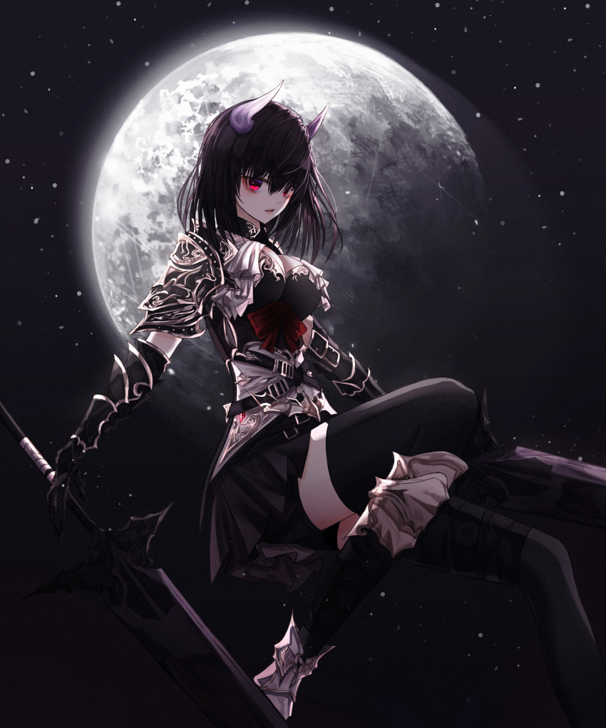 1girl absurdres armor bangs black_gloves black_hair black_legwear breasts commentary demon english_commentary full_moon gloves hair_between_eyes highres holding holding_weapon hongsung0819 horns looking_at_viewer medium_breasts moon original parted_lips pauldrons red_eyes short_hair solo vambraces weapon
