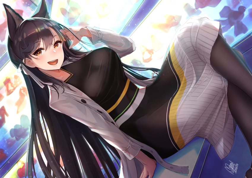1girl :d alternate_costume animal_ears arm_support atago_(azur_lane) azur_lane bangs black_hair black_legwear blush breasts brown_eyes casual collarbone dress extra_ears eyebrows_visible_through_hair hair_ribbon hand_in_hair head_tilt highres indoors jacket large_breasts legs_crossed long_hair looking_at_viewer mappaninatta mole mole_under_eye open_clothes open_jacket open_mouth pantyhose ribbon sidelocks signature sitting smile solo swept_bangs taut_clothes taut_dress white_jacket white_ribbon