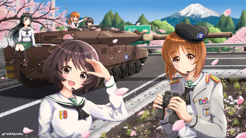 5girls absurdres akiyama_yukari angelfish black_hair breasts brown_eyes brown_hair cherry_blossoms commentary day emblem girls_und_panzer ground_vehicle highres isuzu_hana leopard_2 long_hair looking_at_viewer military military_vehicle miniskirt motor_vehicle mount_fuji multiple_girls nishizumi_miho ooarai_(emblem) ooarai_school_uniform open_mouth orange_hair reizei_mako road road_sign shirt short_hair sign skirt sky smile takebe_saori tank tank_ryousaku tree