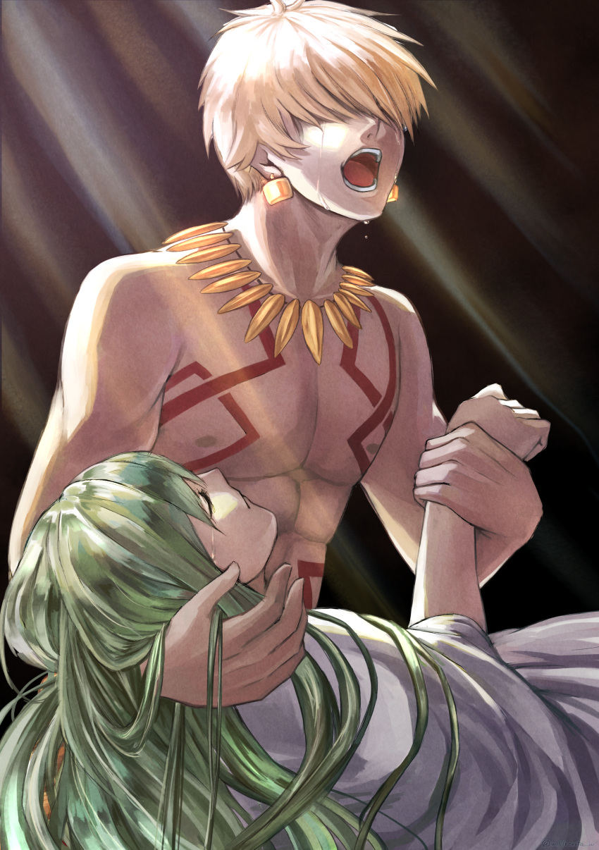 1boy 1other absurdres blonde_hair chest_tattoo closed_eyes closed_mouth earrings enkidu_(fate/strange_fake) fate/strange_fake fate_(series) gilgamesh green_hair hair_over_eyes hand_holding highres jewelry long_hair necklace open_mouth robe shirtless shouting tattoo tears upper_body w-moz9-w